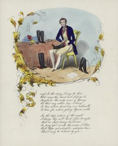 Cartão de dia dos namorados britânico com uma imagem de um homem reparando botas de English School