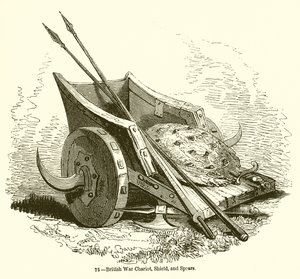 Carruagem de guerra britânica, escudo e lanças