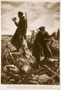 Soldados britânicos limpando destroços após um avanço em território inimigo, 1914-19 de English School
