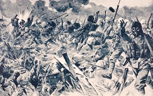 Tropas britânicas em máscaras de gás atacam as trincheiras alemãs em Loos, França, em 25 de setembro de 1915, de "The War Illustrated Album deLuxe", publicado em Londres, 1916 de English School