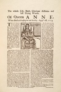 Broadside publicado na morte da Rainha Ana, no domingo 1 de Agosto de 1714 (impressão e xilogravura) de English School