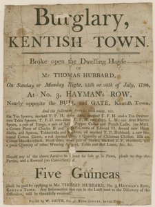 Roubo em Kentish Town em 1798. Recompensa de £ 5 de English School