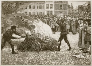 Panfleto de Burning of Blounts pelo carrasco comum, ilustração de história ilustrada de Cassells da Inglaterra (foto sépia) de English School