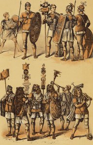 César, Guerra das Gálias: soldados romanos (litografia a cores) de English School