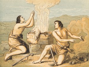 O Sacrifício de Caim e Abel (gravura colorida) de English School