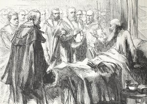 Calvin dirigindo-se ao Conselho pela última vez, ilustração de The History of Protestantism por James Aitken Wylie (1808-1890), pub. 1878 de English School