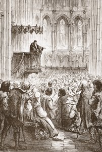 Calvin pregando seu sermão de despedida na expectativa de banimento, ilustração de The History of Protestantism por James Aitken Wylie (1808-1890), pub. 1878 de English School