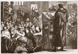 Calvino ameaçou na igreja de Rive, ilustração de A História do Protestantismo, de James Aitken Wylie (1808-1890), pub. 1878 de English School