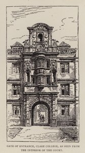 Cambridge: Gate of Entrance, Clare College, como visto do Interior do Tribunal (gravura) de English School