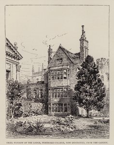 Cambridge: Oriel Window of the Lodge, Pembroke College, agora destruída, do Garden (gravura) de English School