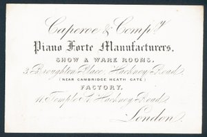 Caperoe & Company, fabricantes de piano forte, cartão comercial de English School
