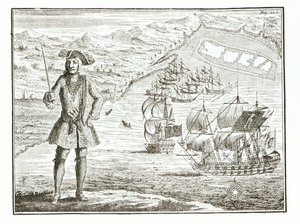 O Capitão Bartolomeu Roberts (1682-1722) com dois navios, a Royal Fortune e a Ranger partem em Whydah Road, na costa de Guiney, em 11 de janeiro de 172 , de A General History of the Robberies and Mu de English School