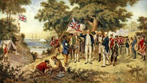 Capitão Cook tomando posse de Nova Gales do Sul, 1770 de English School