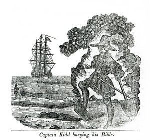 Capitão Kidd enterrando sua Bíblia, ilustração de &39;Pirates próprio livro&39; por Charles Elms de English School
