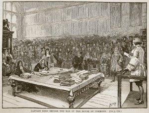 Capitão Kidd antes do bar da Câmara dos Comuns, ilustração de História ilustrada de Cassells da Inglaterra (foto sépia) de English School