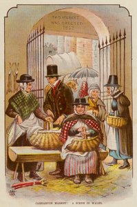 Mercado de Carnarvon, uma cena no País de Gales (lito colorido) de English School