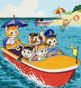 Família gato, em, motorboat de English School