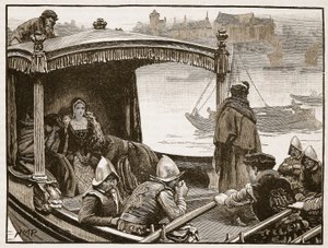 Catherine Howard sendo transportada para a torre, ilustração da história ilustrada de Cassells da Inglaterra (foto sépia) de English School