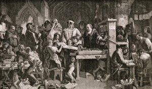 Caxton (c.1422-91) mostrando espécimes de sua impressão ao rei Edward IV no Almonry em Westminster, 1858 de English School