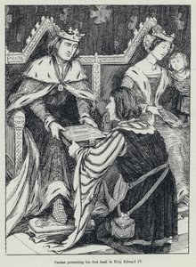 Caxton apresenta seu primeiro livro ao Rei Eduardo IV (litho) de English School