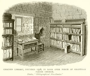 Biblioteca acorrentada, fundada em 1598, na sala sobre o alpendre da igreja paroquial de Grantham de English School