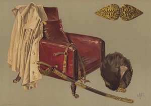 Cadeira e capa do Marechal de Campo Duque de Wellington, com pele de urso e espada dos Guardas Granadeiros (chromolitho) de English School