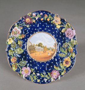 Chamberlains Worcester placa com flor incrustada e uma vista de Montpellier Pump Room, Cheltenham, 1820 (cerâmica) de English School
