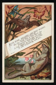 Camaleão com verso e um pássaro, cartão de boas-vindas de Ano Novo. (chromolitho) de English School