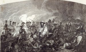 Carga da Brigada Pesada de Lord Somerset em Waterloo e derrota total do Exército Francês, ilustração de &39;História Ilustrada de Cassell na Inglaterra&39; de English School