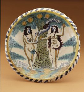 Carregador com a história bíblica de Adão e Eva no Jardim do Éden, c.1680 (louça de barro de latão estanho) de English School