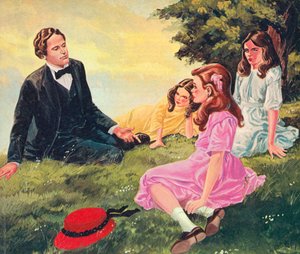 Charles Lutwidge Dodgson contando histórias para Alice Liddell e suas duas irmãs de English School