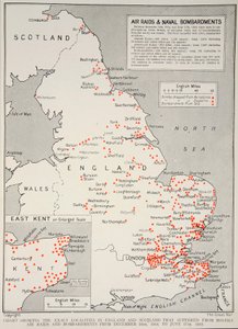 Gráfico mostrando as localidades exatas na Inglaterra e na Escócia que sofreram ataques aéreos e bombardeios hostis de 16 de dezembro de 1914 a 17 de junho de 1918, 1918-19 de English School