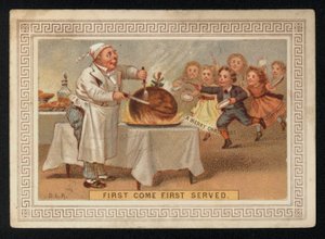 Chef esculpindo um pudim de ameixa, cartão de boas festas de Natal. (chromolitho) de English School