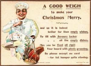 Chef, pesando cartas e comida em escalas, cartão de Natal de English School
