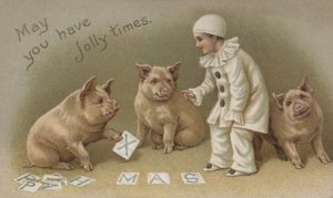 Fato de criança ina Pierrot com três porcos, cartão de Natal (chromolitho) de English School