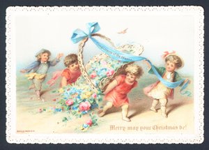 Crianças e querubins puxando cesta de flores, cartão de Natal de English School