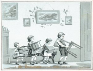 Crianças carregando cadeira e fezes, cartão de Natal de English School