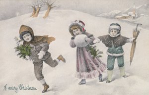 Crianças na neve, postal vitoriano (impressão) de English School