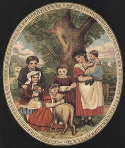 Crianças cuidando do seu cordeiro de estimação (gravura colorida) de English School