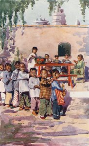 Crianças da China: Crianças a comer e a brincar (litografia a cores) de English School