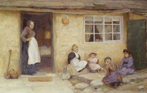 Crianças, tocando, dados, por, um, cabana de English School