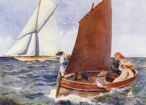 Crianças a navegar e a ver um iate de passagem (cor litho) de English School