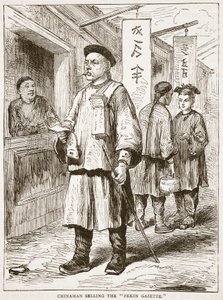 Chinaman, vendendo, a, pekin, gazette, ilustração, de, cassells, ilustrado, história, de, inglaterra de English School