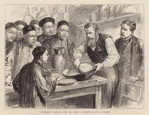 Chinês a aprender a fazer um pudim de ameixa de Natal (gravura) de English School