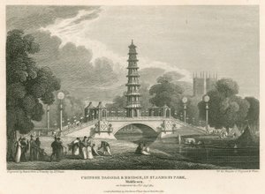 Pagode chinês e ponte, St Jamess Park, Londres, como apareceu em 1 de agosto de 1814 de English School