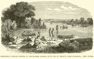 Índios Chippeway, pesca, em, Birch-bark, canoas, Sault, de, st, marys, superior lago de English School