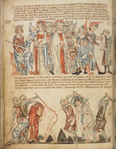 Cristo diante de Herodes e diante de Pilatos; Herodes lava as mãos; a flagelação de Cristo, Add. 47682, f.30v, c.1320-30 (velino) de English School