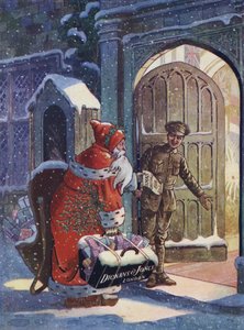 Anúncio de Natal mostrando Papai Noel trazendo presentes para os soldados da 1ª Guerra Mundial da loja de departamentos Dickins e Jones (cor litho) de English School