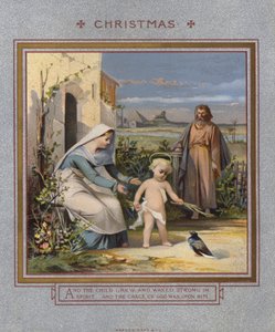 Cartão de Natal: Jesus brincando com uma pomba, vigiado por seus pais (chromolitho) de English School