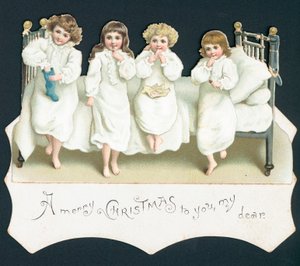 Cartão de Natal, as crianças na cama com as meias de English School
